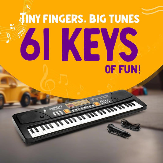61-Key Musical Piano Keyboard with Microphone | 10 Rhythms, 16 Tones, 6 Demos, Song Record Feaure | Dual Power Supply (USB Included) | Black Color | Gift Box Packaging